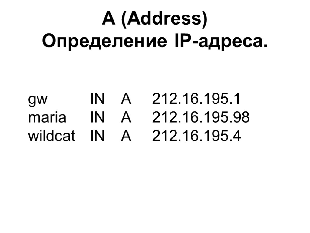 A (Address) Определение IP-адреса. gw IN A 212.16.195.1 maria IN A 212.16.195.98 wildcat IN